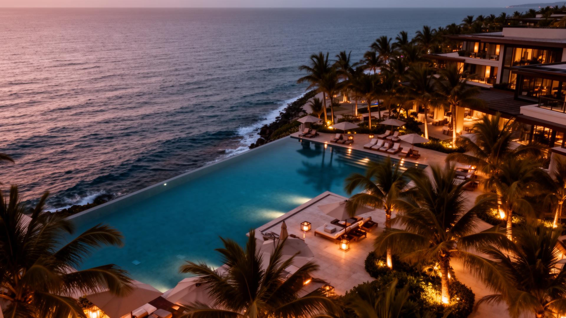 Luxury oceanfront resort at dusk